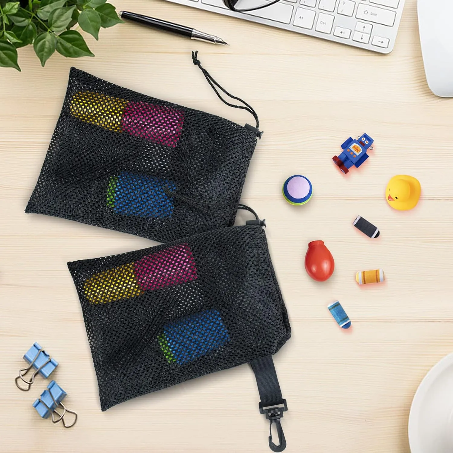 10 PCS With Clips Mesh Drawstring Bags, Portable Nylon Storage Bags for toy,Sports Storage,Outdoor activities etc. (15.7x19.7in)