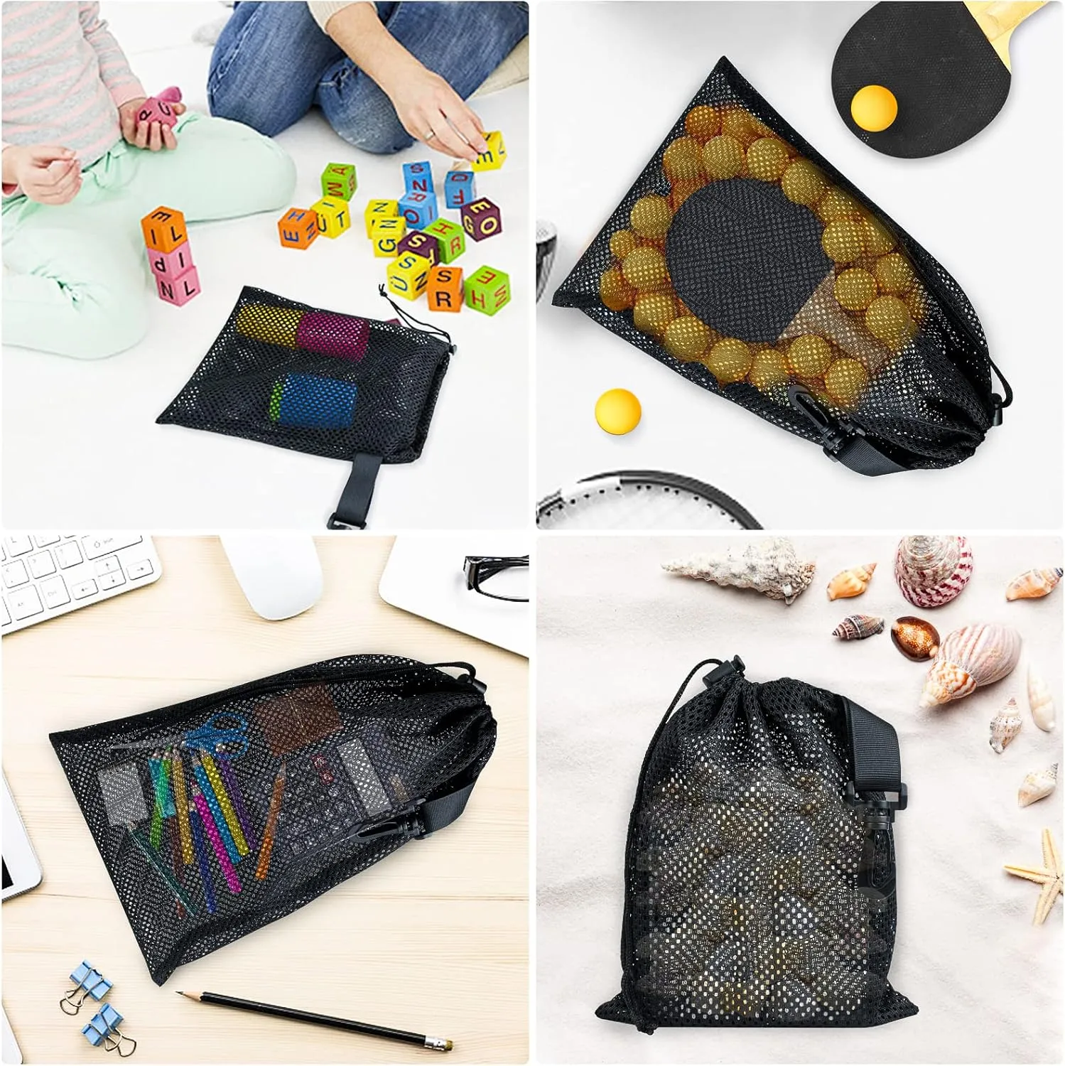 10 PCS With Clips Mesh Drawstring Bags, Portable Nylon Storage Bags for toy,Sports Storage,Outdoor activities etc. (15.7x19.7in)