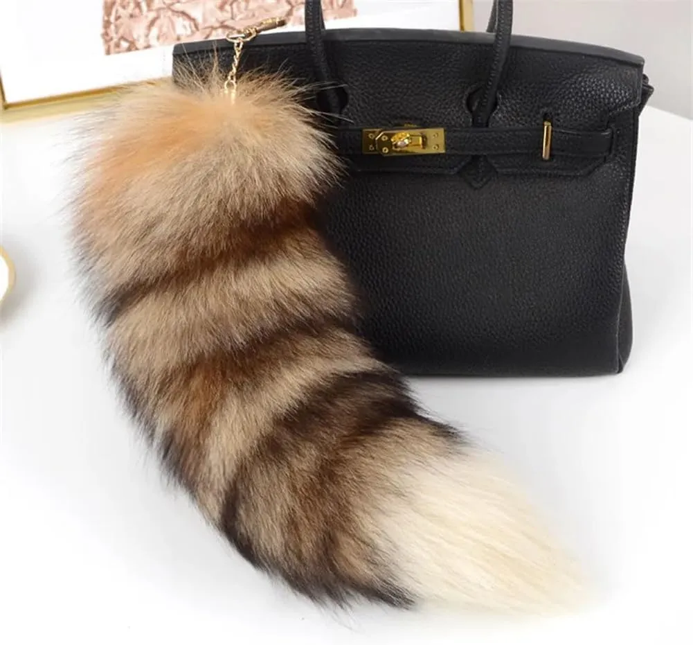 15.75 Inch Long Fluffy Faux Fur Tail Keychain, Fake Animal Tails for Handbags Backpacks Charm Tassel Ornaments (Coffee - Raccoon Tail)