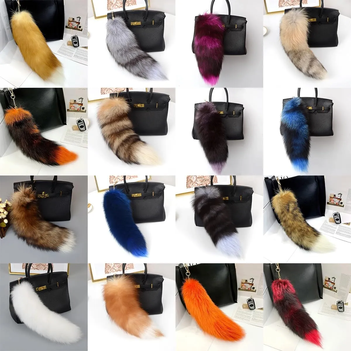 15.75 Inch Long Fluffy Faux Fur Tail Keychain, Fake Animal Tails for Handbags Backpacks Charm Tassel Ornaments (Coffee - Raccoon Tail)