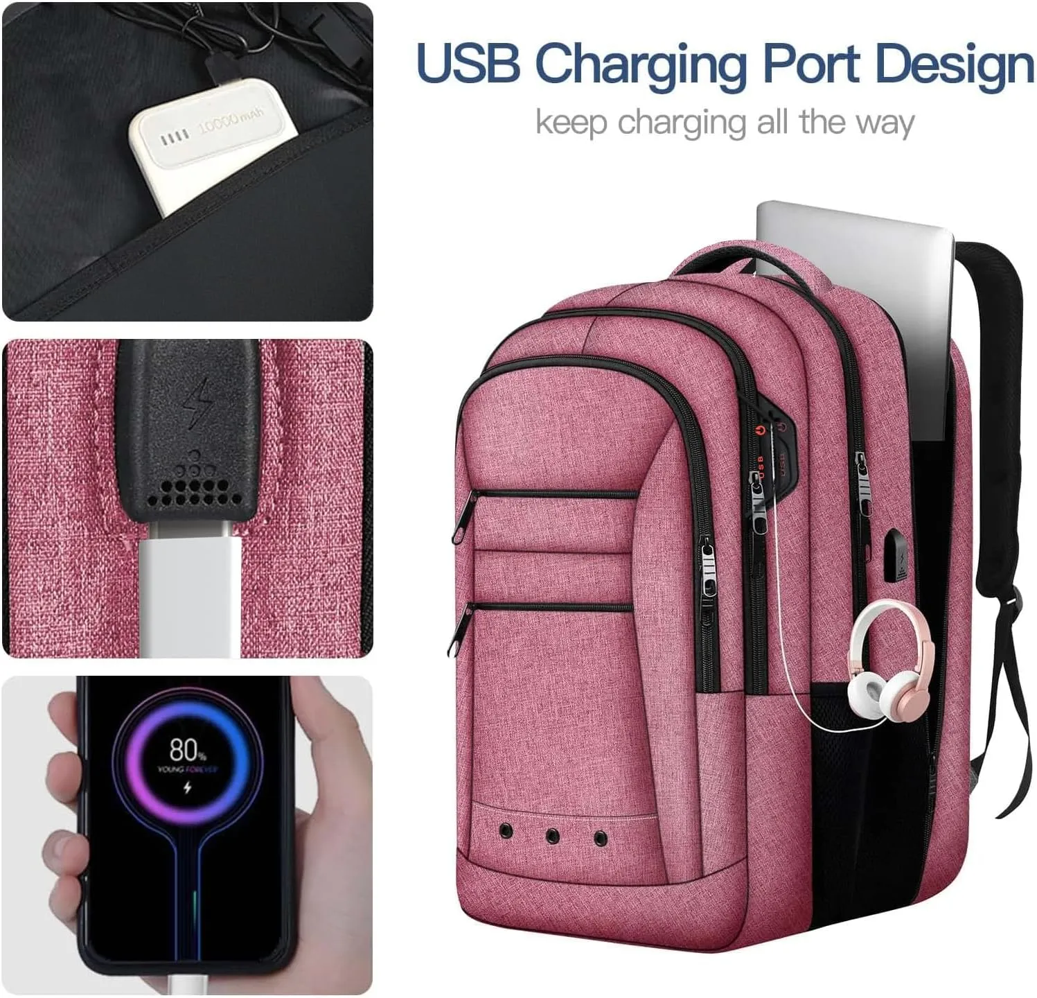 17.3 Inch Laptop Backpack, Pink, Unisex, Lots of Storage Space and Pockets
