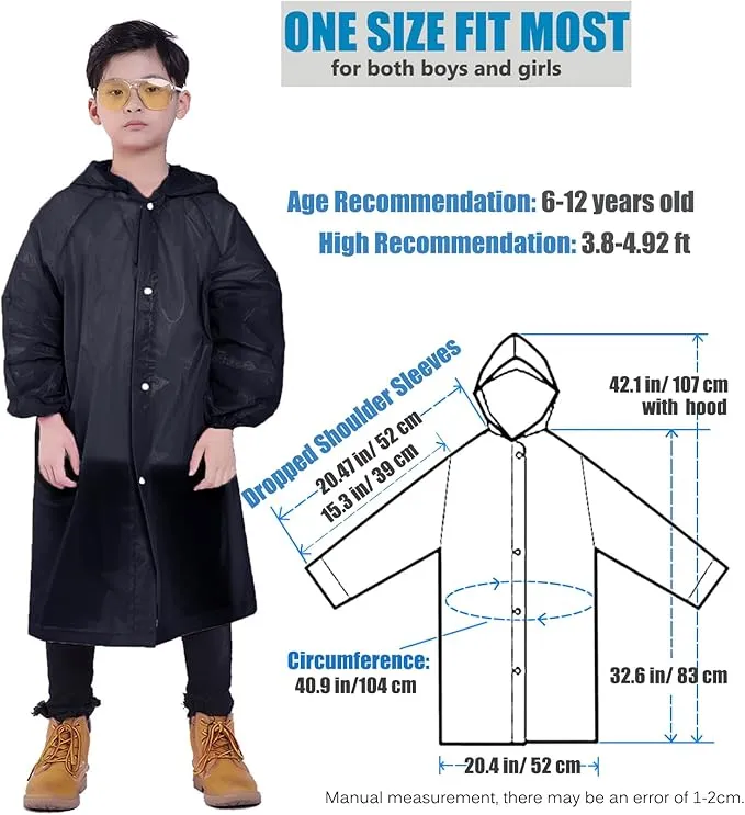 2 Pack Rain Ponchos for Kids, Reusable Kids Rain Jacket with Hood Waterproof Raincoats for Boys and Girls