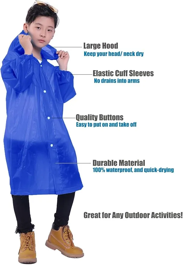 2 Pack Rain Ponchos for Kids, Reusable Kids Rain Jacket with Hood Waterproof Raincoats for Boys and Girls