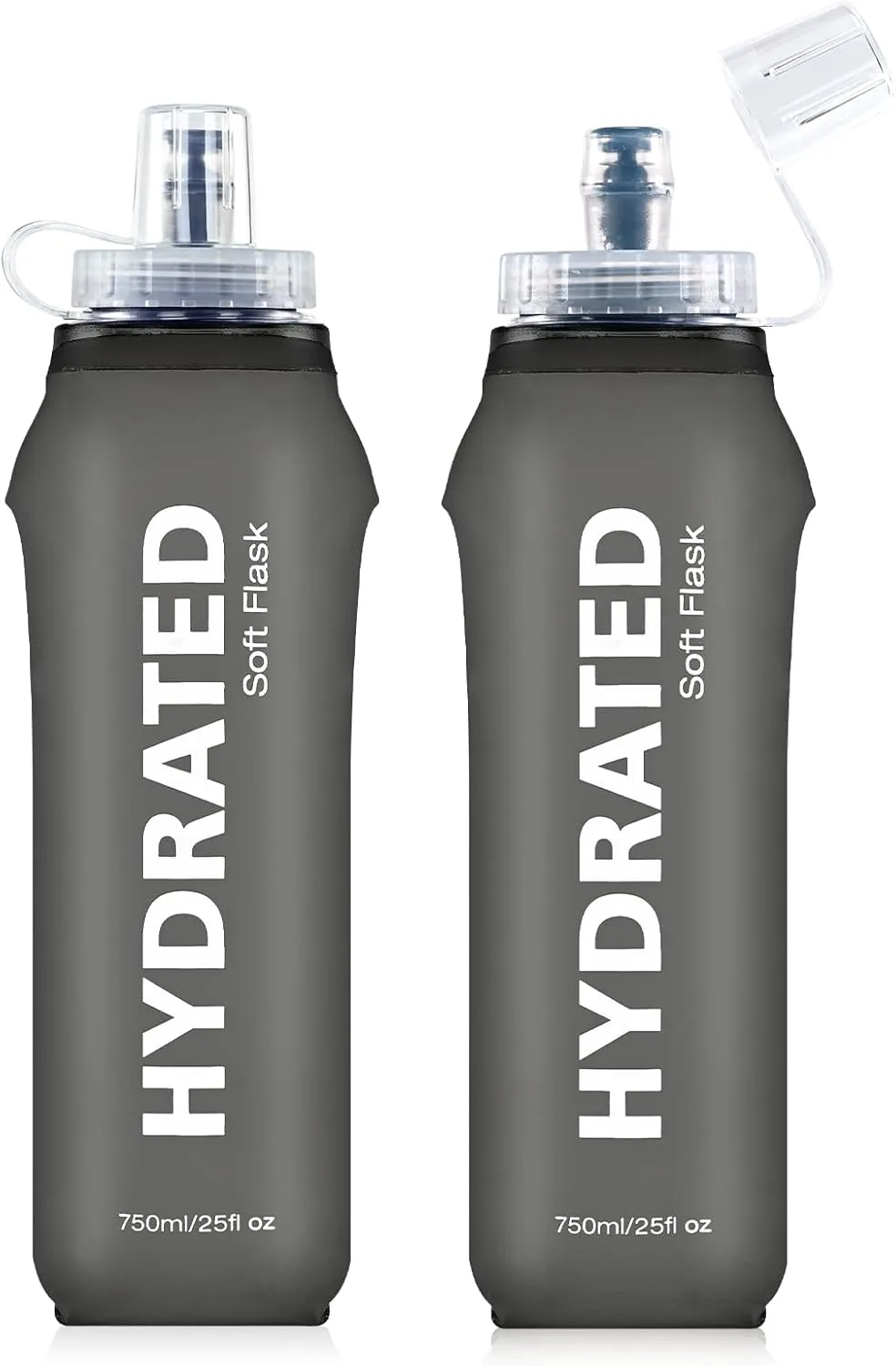 2 Pack Soft Water Bottle, TPU Collapsible Flask Foldable Bottles 750ml for Hydration Pack, BPA-Free Running Bottles for Running Hiking Cycling Climbing GRAY