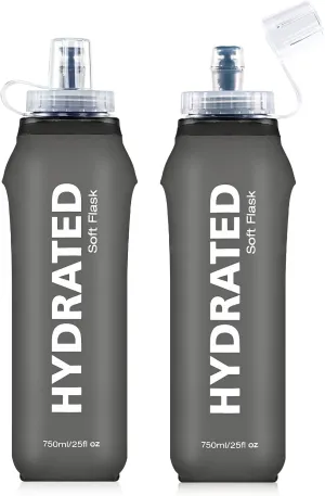 2 Pack Soft Water Bottle, TPU Collapsible Flask Foldable Bottles 750ml for Hydration Pack, BPA-Free Running Bottles for Running Hiking Cycling Climbing GRAY