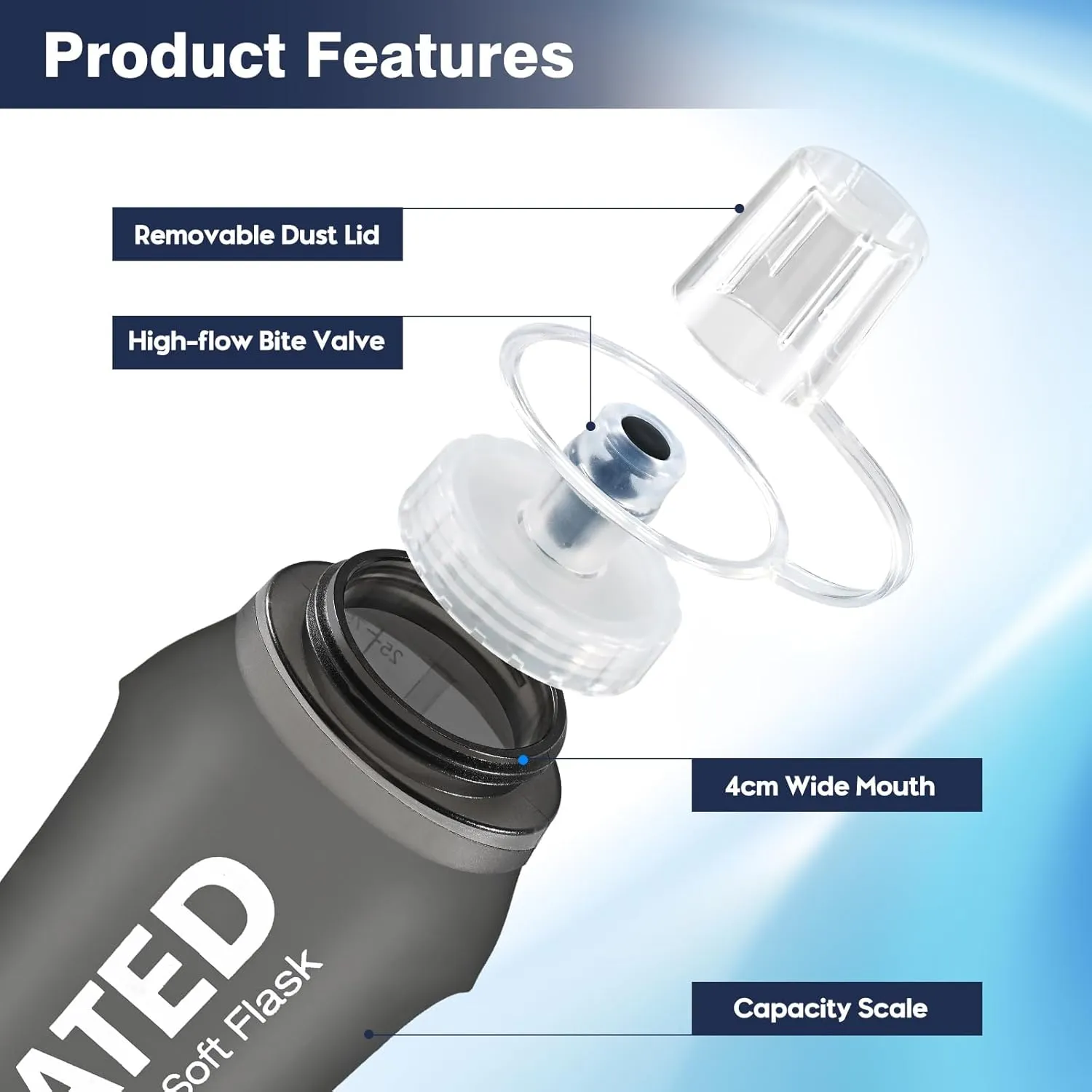 2 Pack Soft Water Bottle, TPU Collapsible Flask Foldable Bottles 750ml for Hydration Pack, BPA-Free Running Bottles for Running Hiking Cycling Climbing GRAY