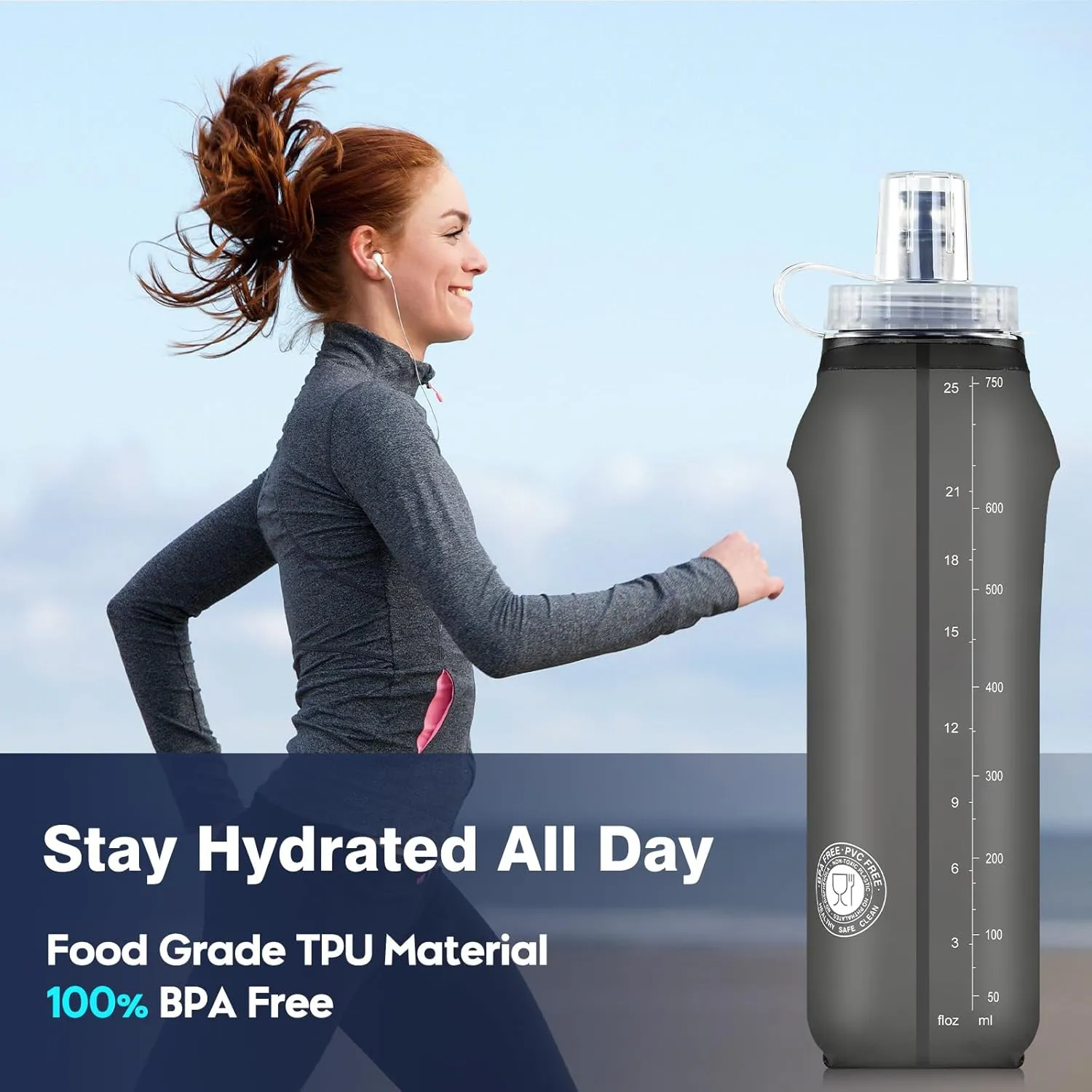 2 Pack Soft Water Bottle, TPU Collapsible Flask Foldable Bottles 750ml for Hydration Pack, BPA-Free Running Bottles for Running Hiking Cycling Climbing GRAY