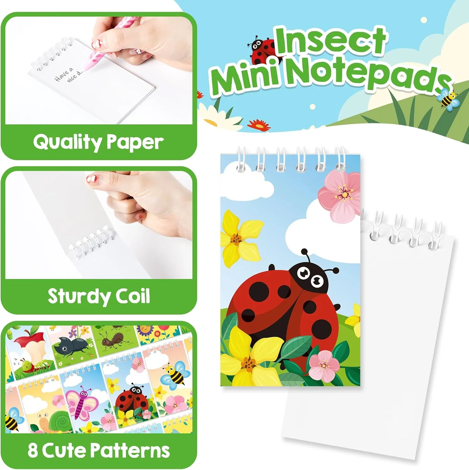 24 Pcs Insect Mini Notepads Cute Bug Spiral Pocket Notebooks Memo Pads for Kids Students Spring Summer Birthday Party Favors Goodie Bag Stuffers Classroom Rewards Office School Prize Gifts, 8 Designs