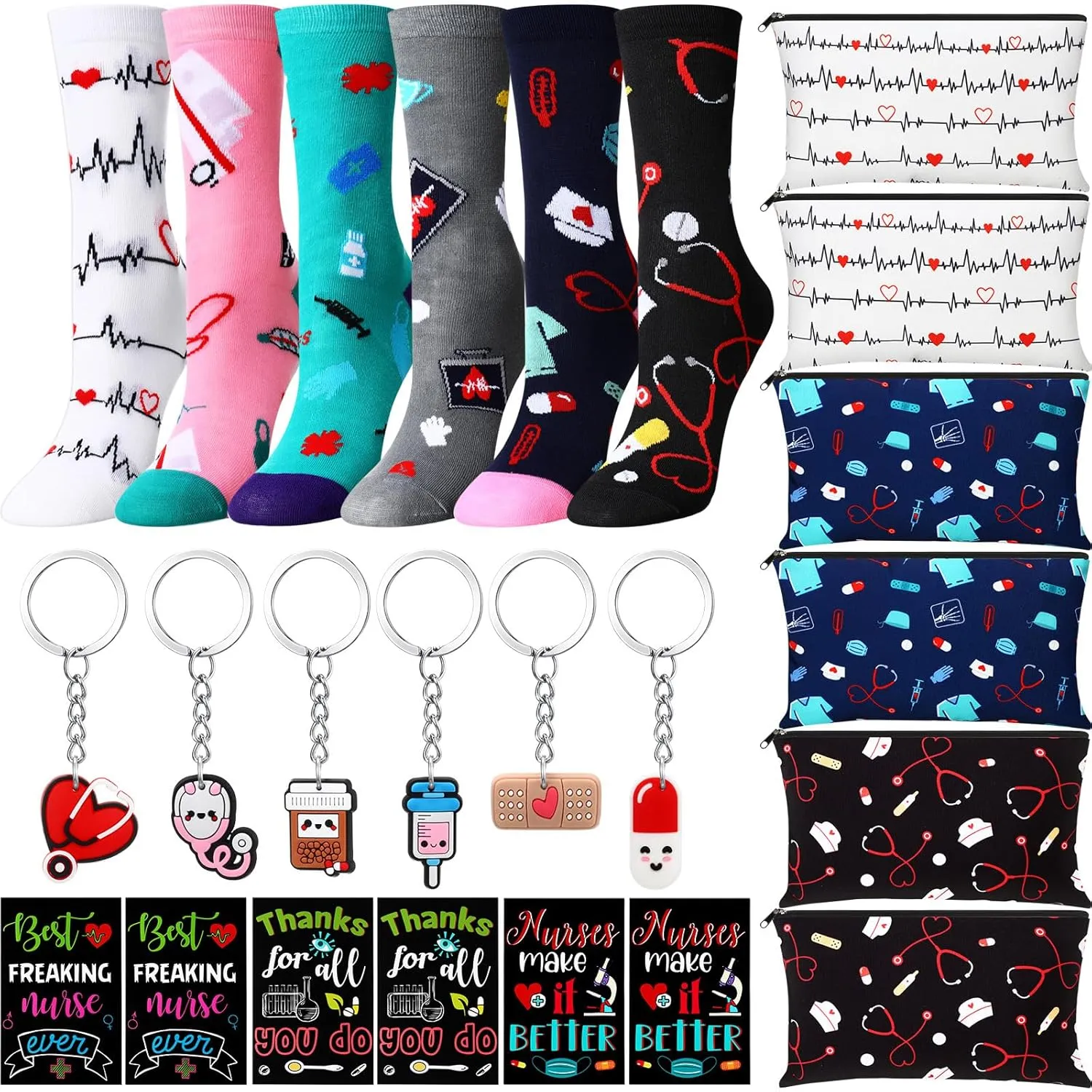 24 Pieces Women Teacher Appreciation Thank You Gift Set, Socks, Makeup Bags, Inspirational Notepads, Keychains for Christmas (Nurse)
