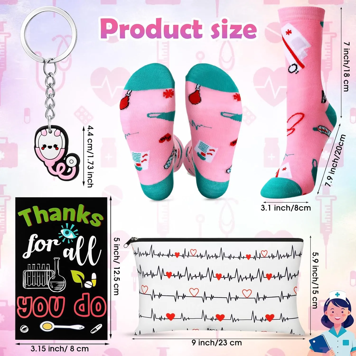 24 Pieces Women Teacher Appreciation Thank You Gift Set, Socks, Makeup Bags, Inspirational Notepads, Keychains for Christmas (Nurse)