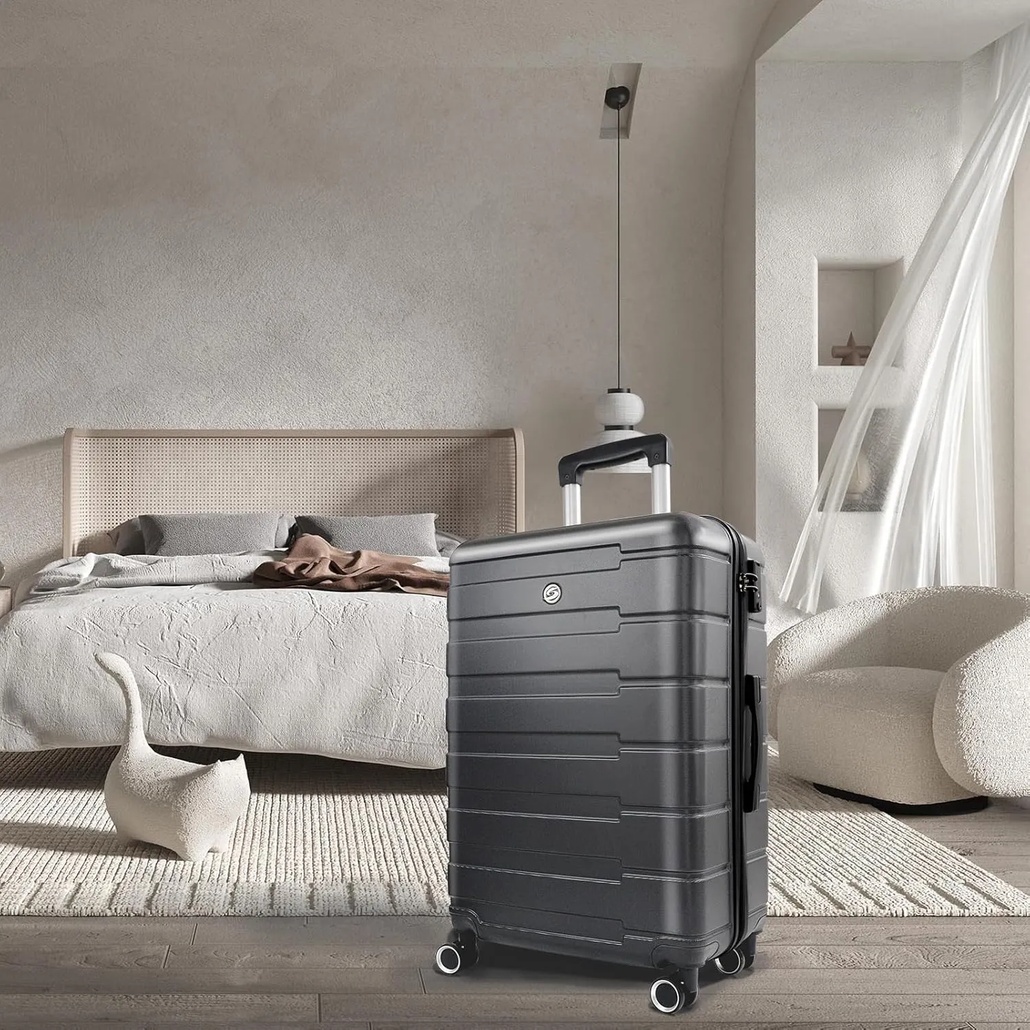 24" Hard Shell Luggage with Spinner Wheels,Lightweight Travel Suitcase for Women,Checked-Medium Luggage 24-Inch,Black