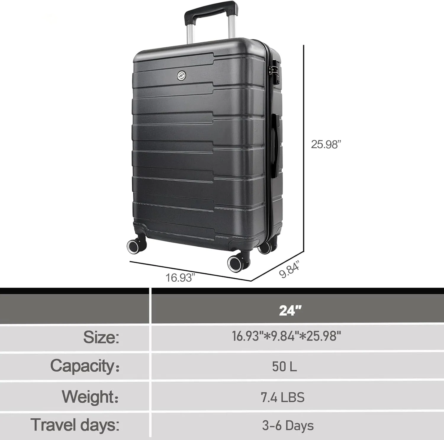 24" Hard Shell Luggage with Spinner Wheels,Lightweight Travel Suitcase for Women,Checked-Medium Luggage 24-Inch,Black