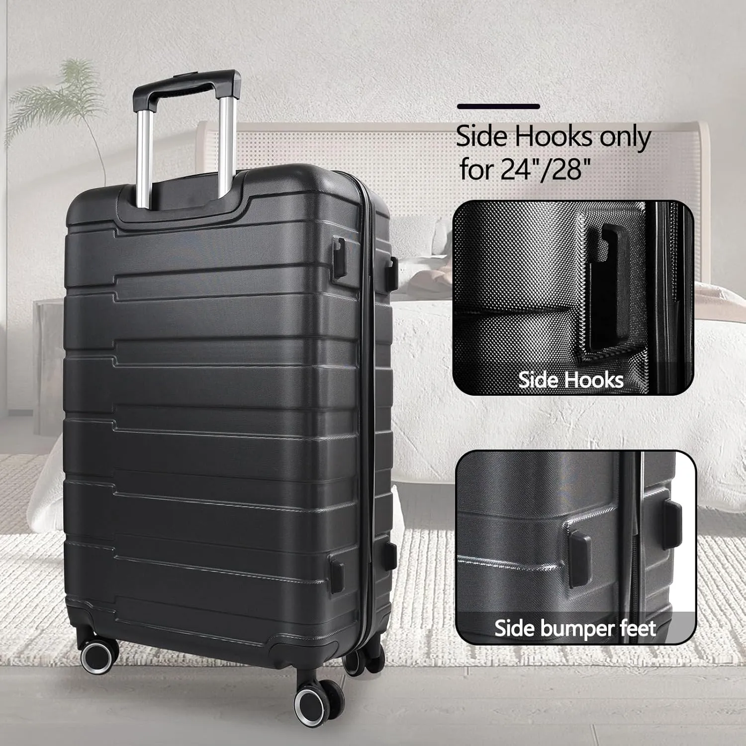 24" Hard Shell Luggage with Spinner Wheels,Lightweight Travel Suitcase for Women,Checked-Medium Luggage 24-Inch,Black