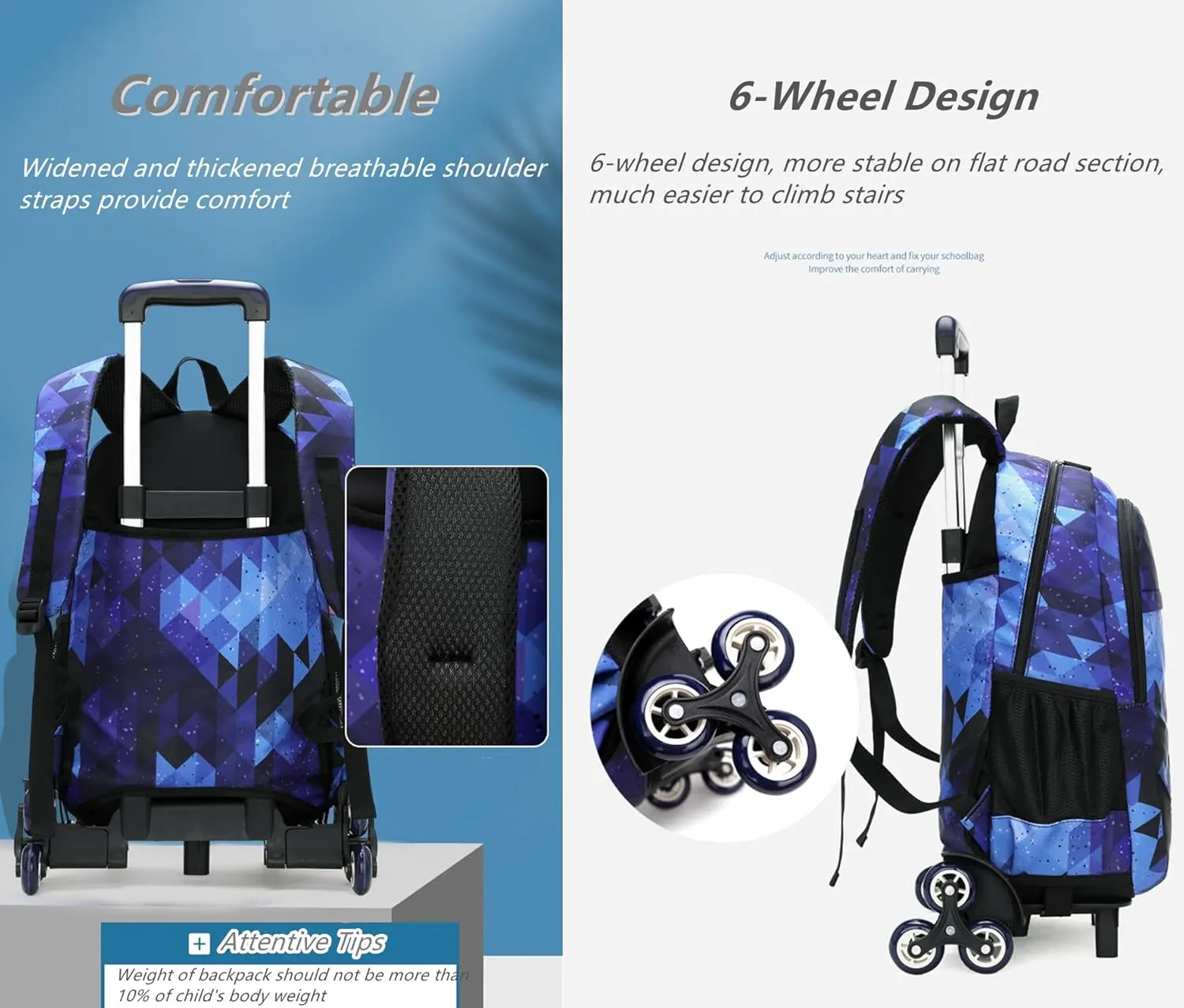 3Pcs Black Galaxy Rolling Backpacks for Boys Middle School Bags Trolley Elementary Bookbags on 6 Wheels