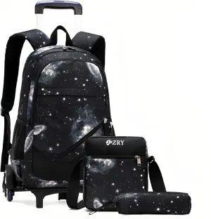 3Pcs Black Galaxy Rolling Backpacks for Boys Middle School Bags Trolley Elementary Bookbags on 6 Wheels