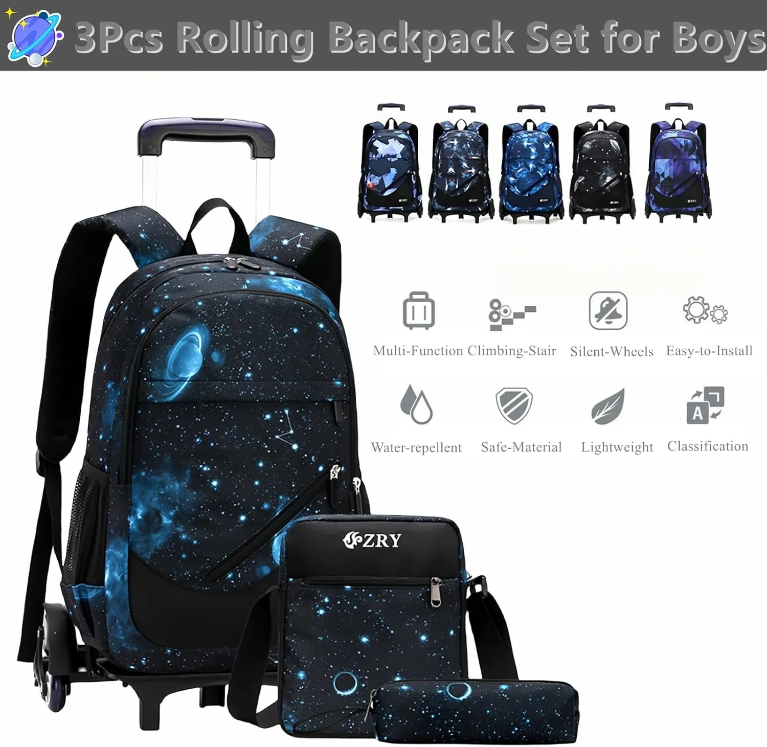3Pcs Black Galaxy Rolling Backpacks for Boys Middle School Bags Trolley Elementary Bookbags on 6 Wheels