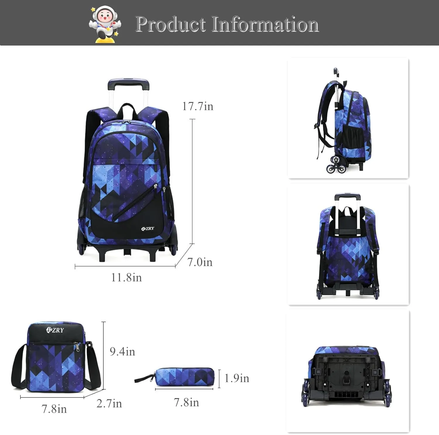 3Pcs Black Galaxy Rolling Backpacks for Boys Middle School Bags Trolley Elementary Bookbags on 6 Wheels