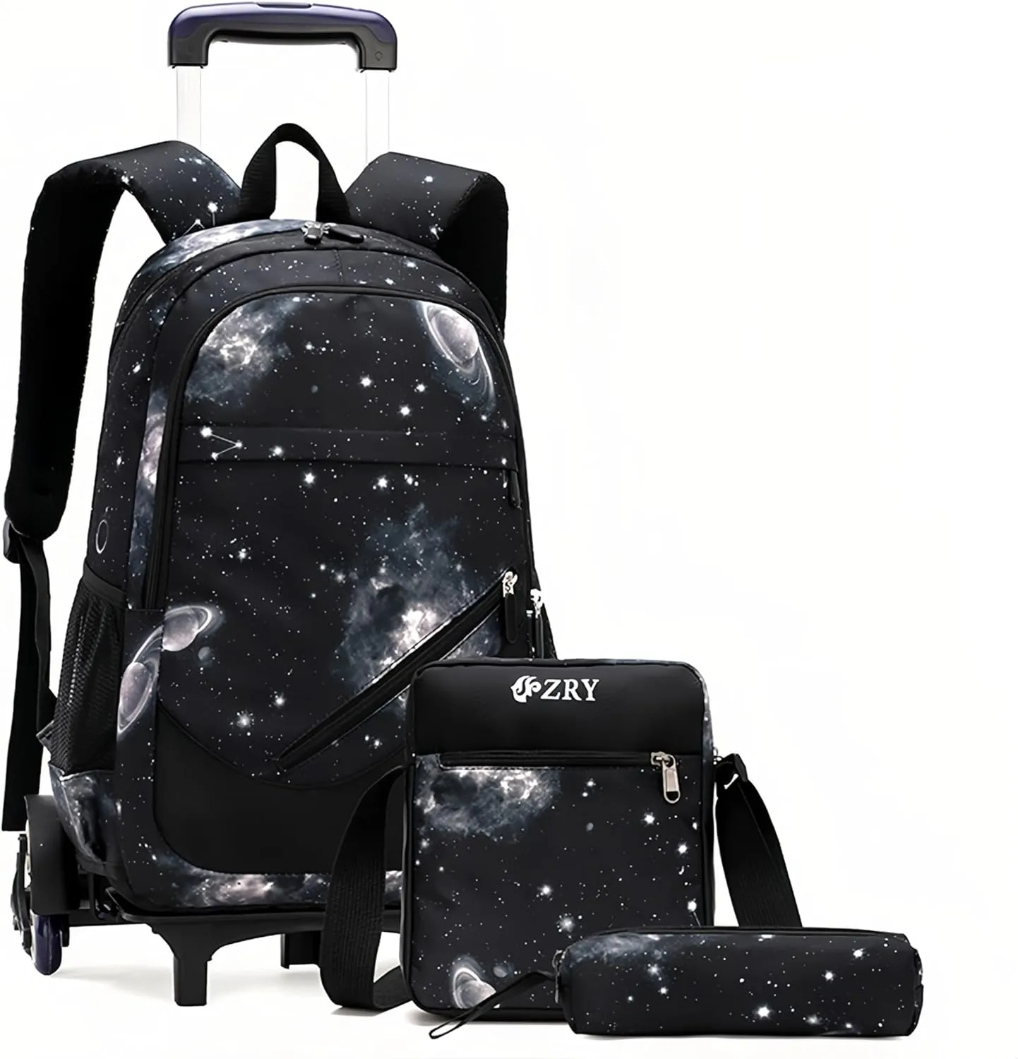 3Pcs Black Galaxy Rolling Backpacks for Boys Middle School Bags Trolley Elementary Bookbags on 6 Wheels