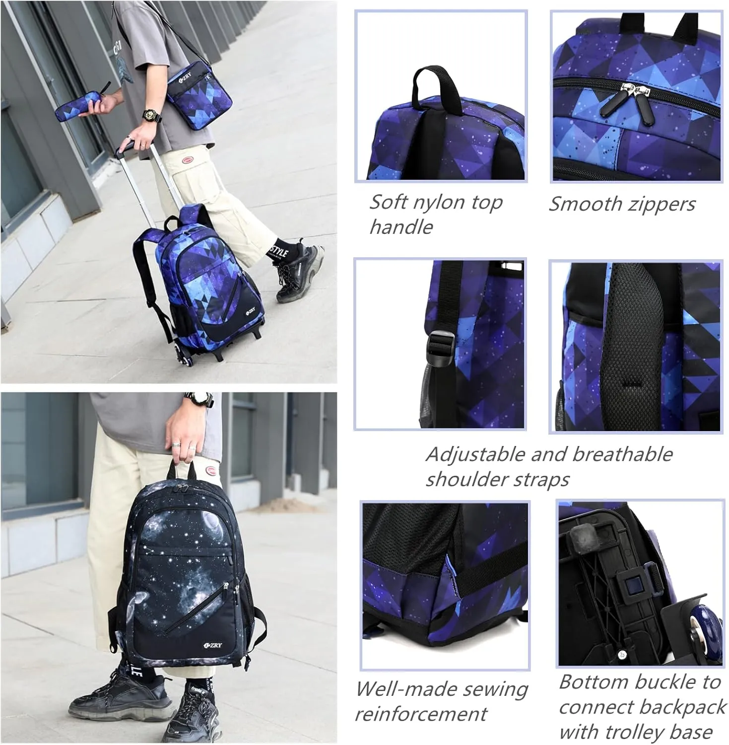 3Pcs Black Galaxy Rolling Backpacks for Boys Middle School Bags Trolley Elementary Bookbags on 6 Wheels