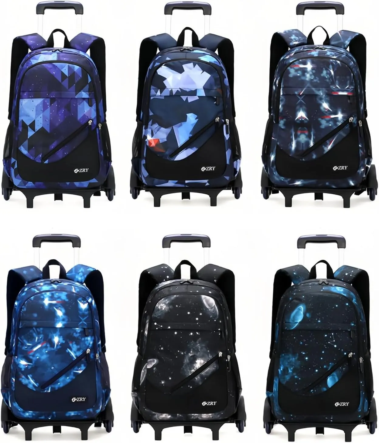 3Pcs Black Galaxy Rolling Backpacks for Boys Middle School Bags Trolley Elementary Bookbags on 6 Wheels