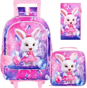 3Pcs Bunny Rolling Backpack for Girls, Kids School Backpacks with Wheels, Roller Bookbag with Lunch Box for Elementary Preschool(Pink)