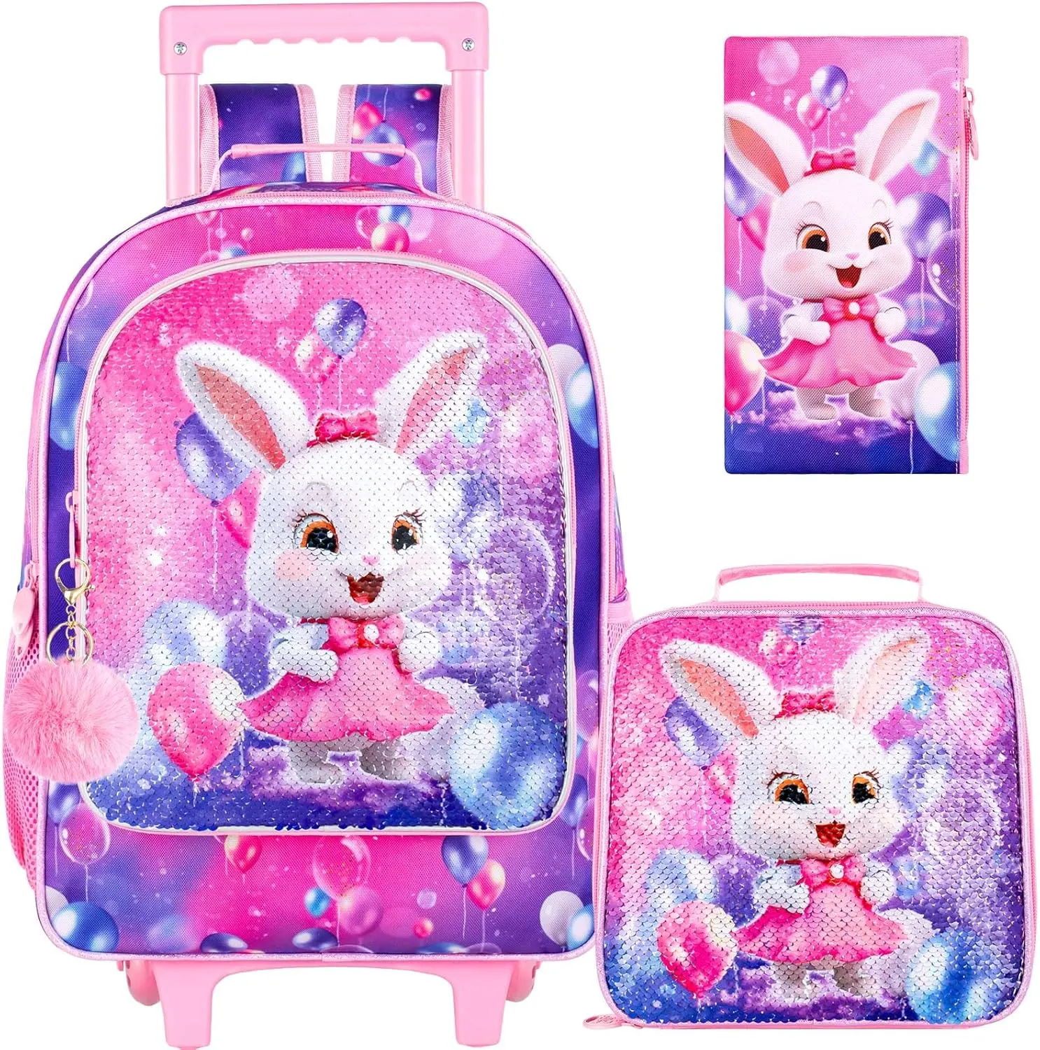 3Pcs Bunny Rolling Backpack for Girls, Kids School Backpacks with Wheels, Roller Bookbag with Lunch Box for Elementary Preschool(Pink)