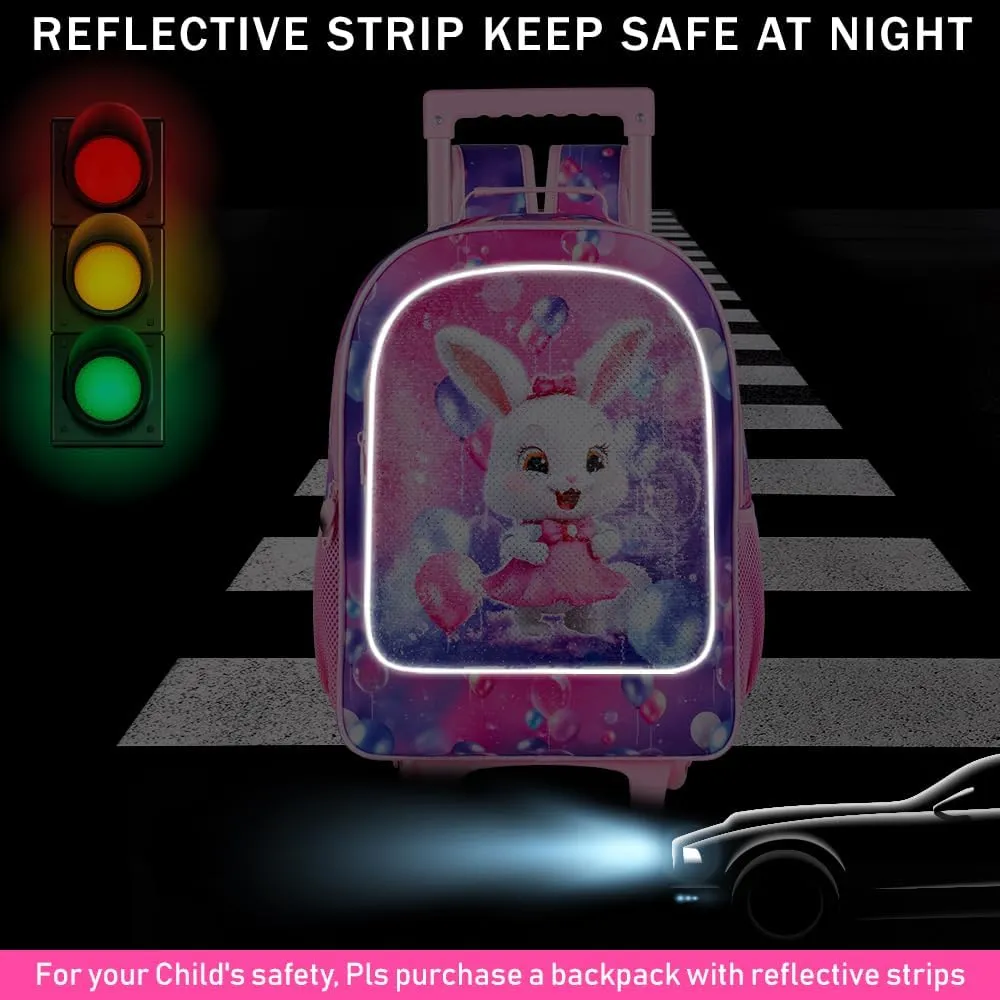 3Pcs Bunny Rolling Backpack for Girls, Kids School Backpacks with Wheels, Roller Bookbag with Lunch Box for Elementary Preschool(Pink)