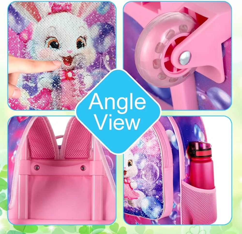 3Pcs Bunny Rolling Backpack for Girls, Kids School Backpacks with Wheels, Roller Bookbag with Lunch Box for Elementary Preschool(Pink)