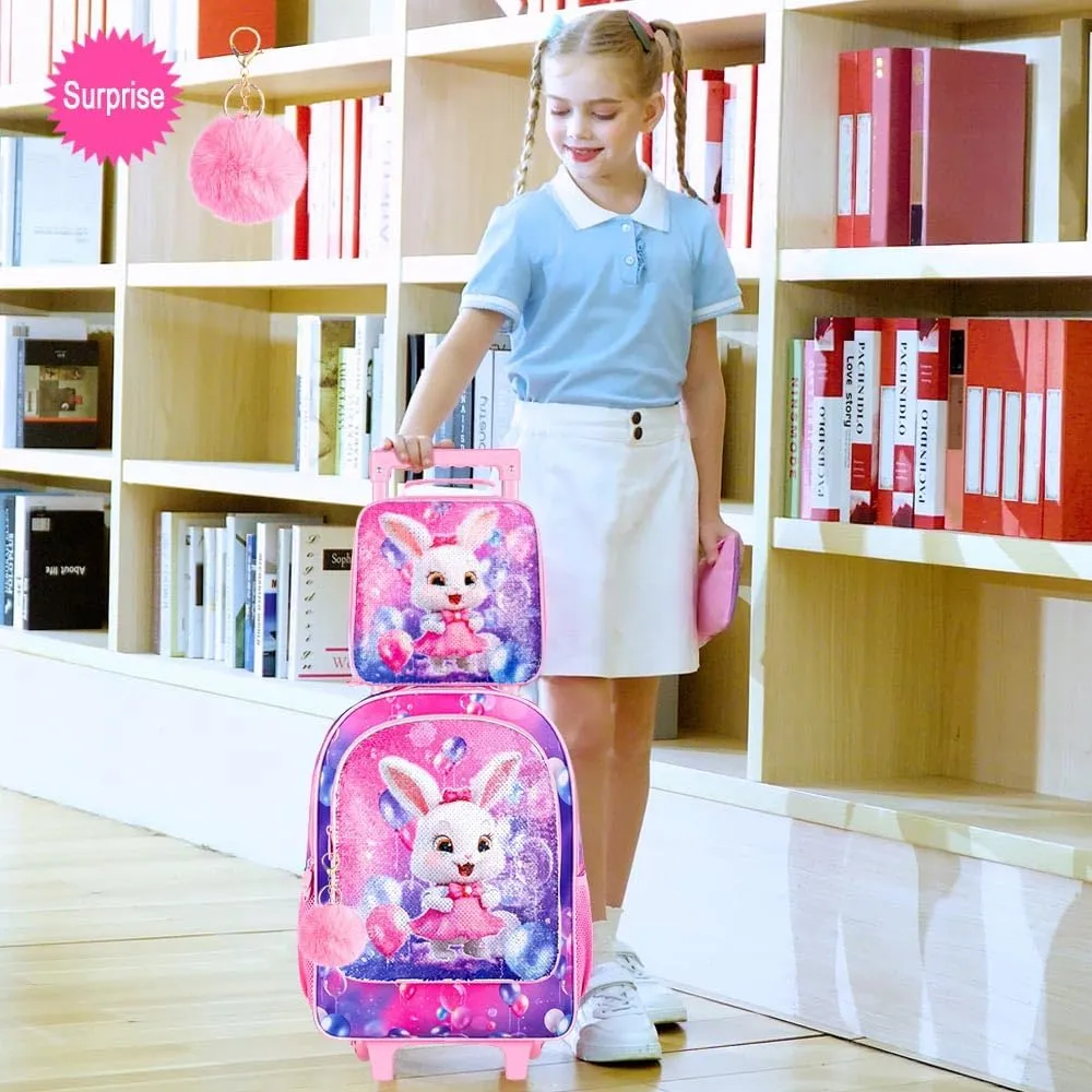 3Pcs Bunny Rolling Backpack for Girls, Kids School Backpacks with Wheels, Roller Bookbag with Lunch Box for Elementary Preschool(Pink)