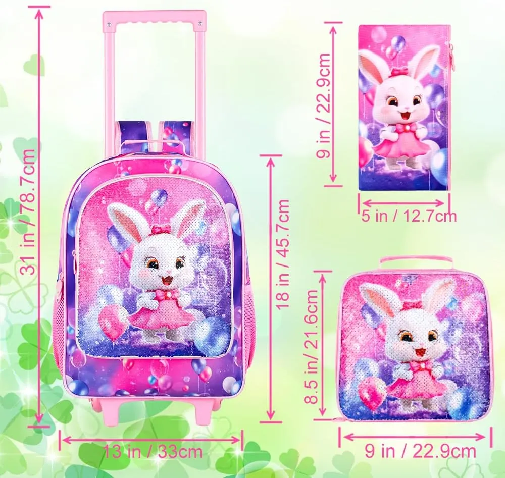 3Pcs Bunny Rolling Backpack for Girls, Kids School Backpacks with Wheels, Roller Bookbag with Lunch Box for Elementary Preschool(Pink)
