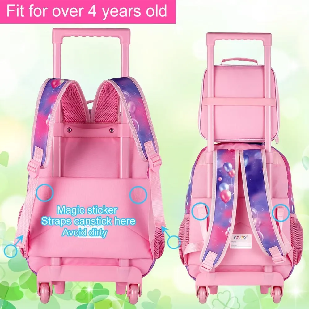 3Pcs Bunny Rolling Backpack for Girls, Kids School Backpacks with Wheels, Roller Bookbag with Lunch Box for Elementary Preschool(Pink)
