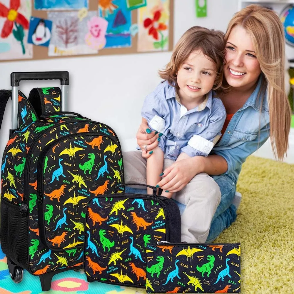 3Pcs Dinosaur Rolling Backpack for Boys, Kids School Backpacks with Wheels, Roller Bookbag with Lunch Box for Elementary Preschool(Black)