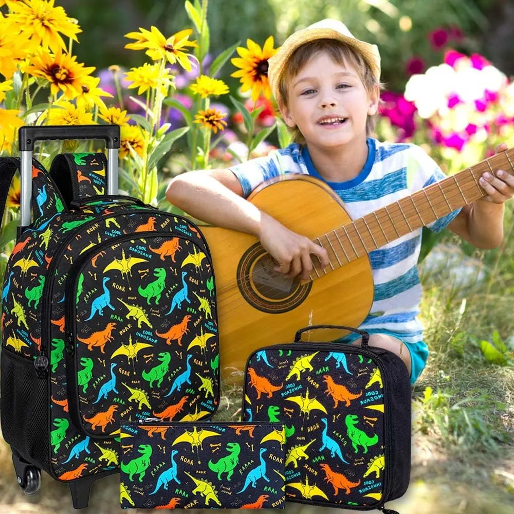 3Pcs Dinosaur Rolling Backpack for Boys, Kids School Backpacks with Wheels, Roller Bookbag with Lunch Box for Elementary Preschool(Black)