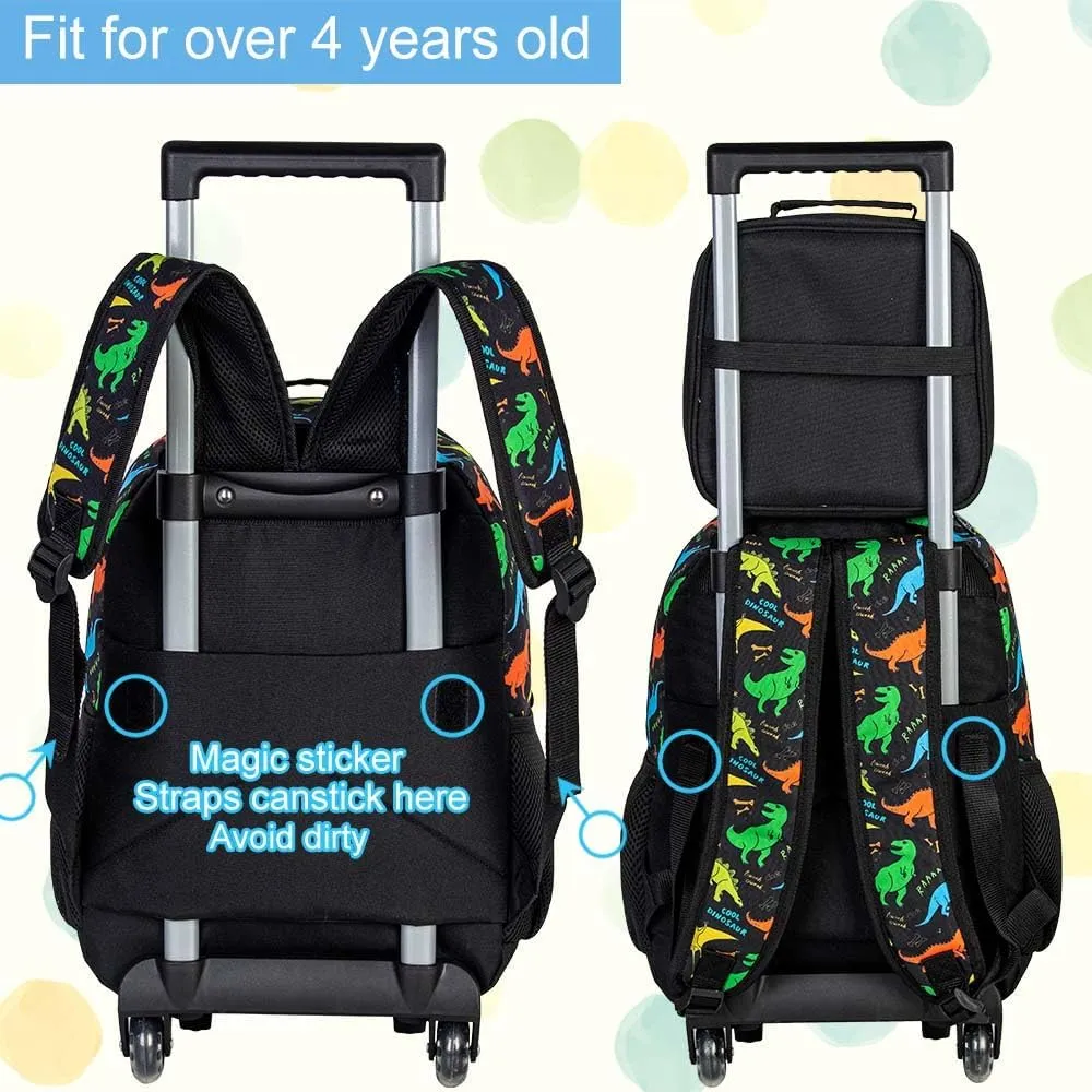 3Pcs Dinosaur Rolling Backpack for Boys, Kids School Backpacks with Wheels, Roller Bookbag with Lunch Box for Elementary Preschool(Black)