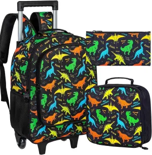 3Pcs Dinosaur Rolling Backpack for Boys, Kids School Backpacks with Wheels, Roller Bookbag with Lunch Box for Elementary Preschool(Black)