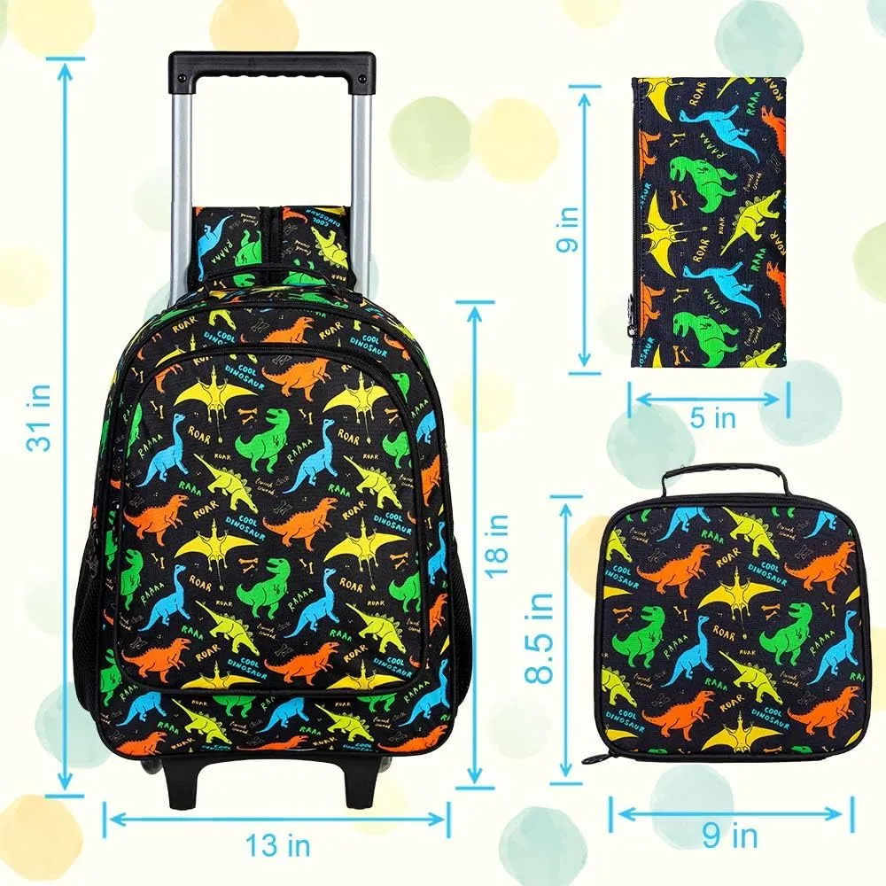 3Pcs Dinosaur Rolling Backpack for Boys, Kids School Backpacks with Wheels, Roller Bookbag with Lunch Box for Elementary Preschool(Black)