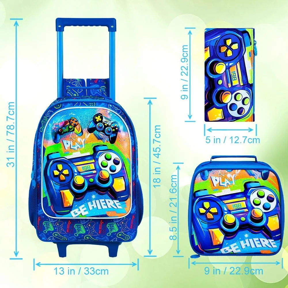 3Pcs Gamer Rolling Backpack for Boys, Kids School Backpacks with Wheels, Roller Bookbag with Lunch Box for Elementary Preschool(Blue)