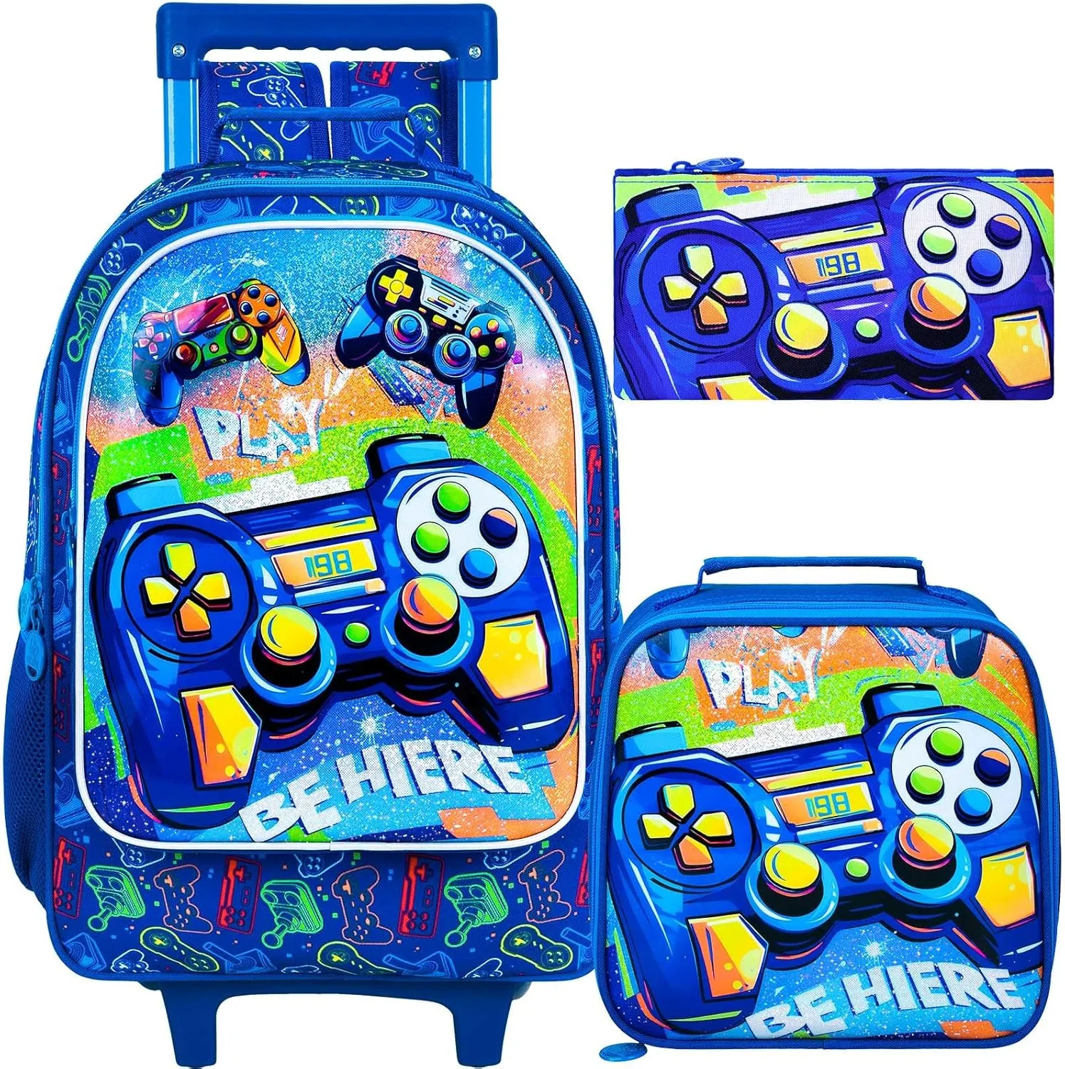 3Pcs Gamer Rolling Backpack for Boys, Kids School Backpacks with Wheels, Roller Bookbag with Lunch Box for Elementary Preschool(Blue)