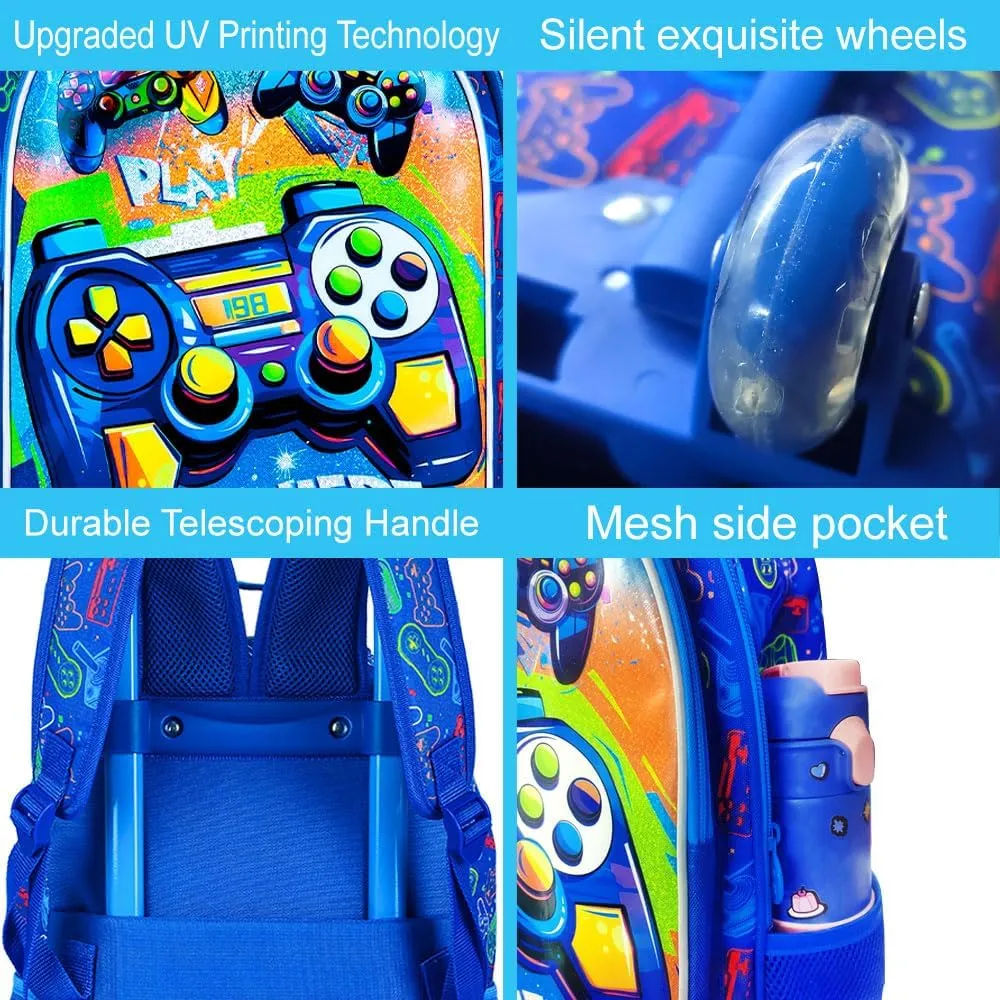 3Pcs Gamer Rolling Backpack for Boys, Kids School Backpacks with Wheels, Roller Bookbag with Lunch Box for Elementary Preschool(Blue)