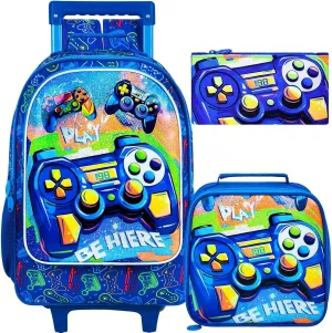 3Pcs Gamer Rolling Backpack for Boys, Kids School Backpacks with Wheels, Roller Bookbag with Lunch Box for Elementary Preschool(Blue)
