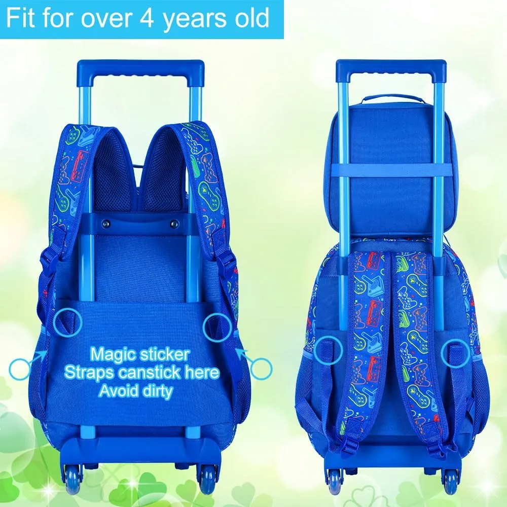 3Pcs Gamer Rolling Backpack for Boys, Kids School Backpacks with Wheels, Roller Bookbag with Lunch Box for Elementary Preschool(Blue)
