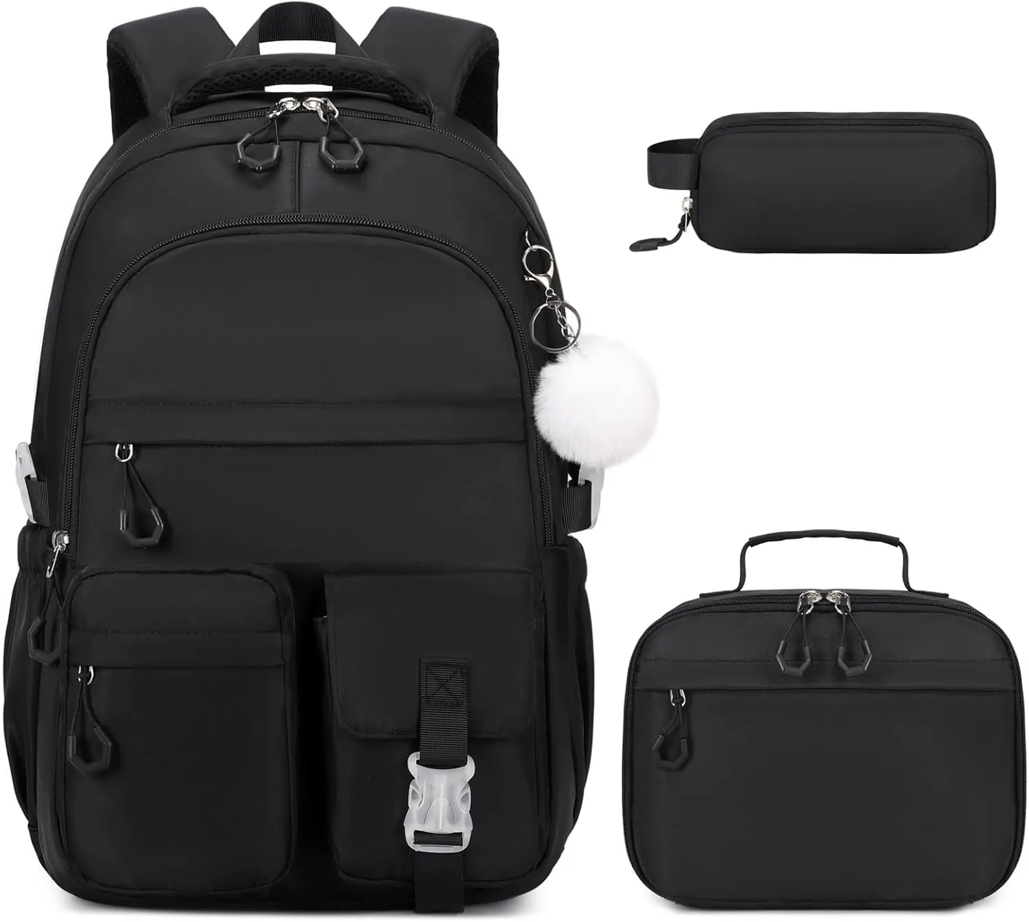 3PCS Girls Backpack for School, Kids Backpack for Girls with Lunch Bag Pencil Case, Kids Bookbag Teen Girl Backpacks for Elementary Middle High College School (Black)