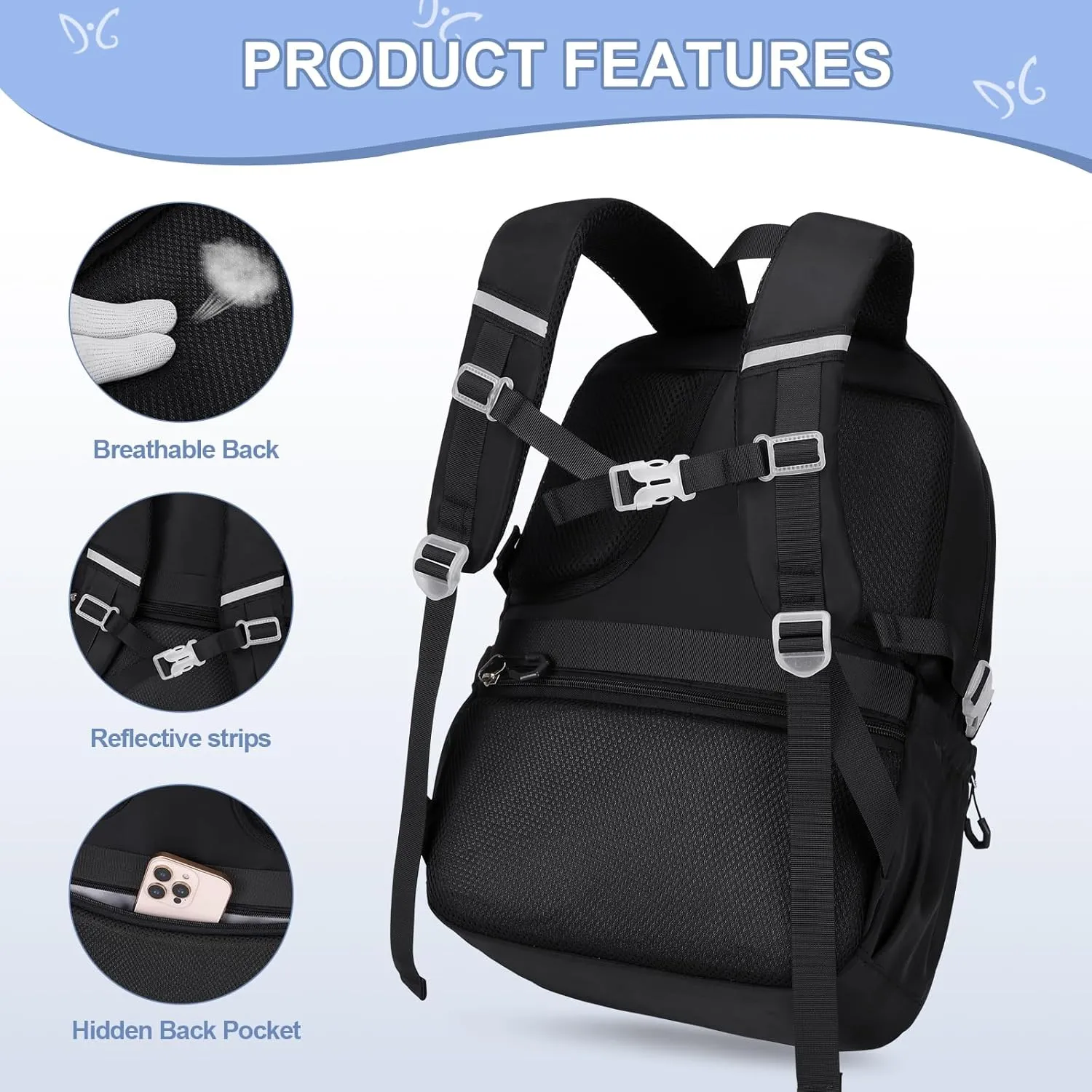 3PCS Girls Backpack for School, Kids Backpack for Girls with Lunch Bag Pencil Case, Kids Bookbag Teen Girl Backpacks for Elementary Middle High College School (Black)