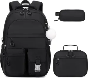 3PCS Girls Backpack for School, Kids Backpack for Girls with Lunch Bag Pencil Case, Kids Bookbag Teen Girl Backpacks for Elementary Middle High College School (Black)