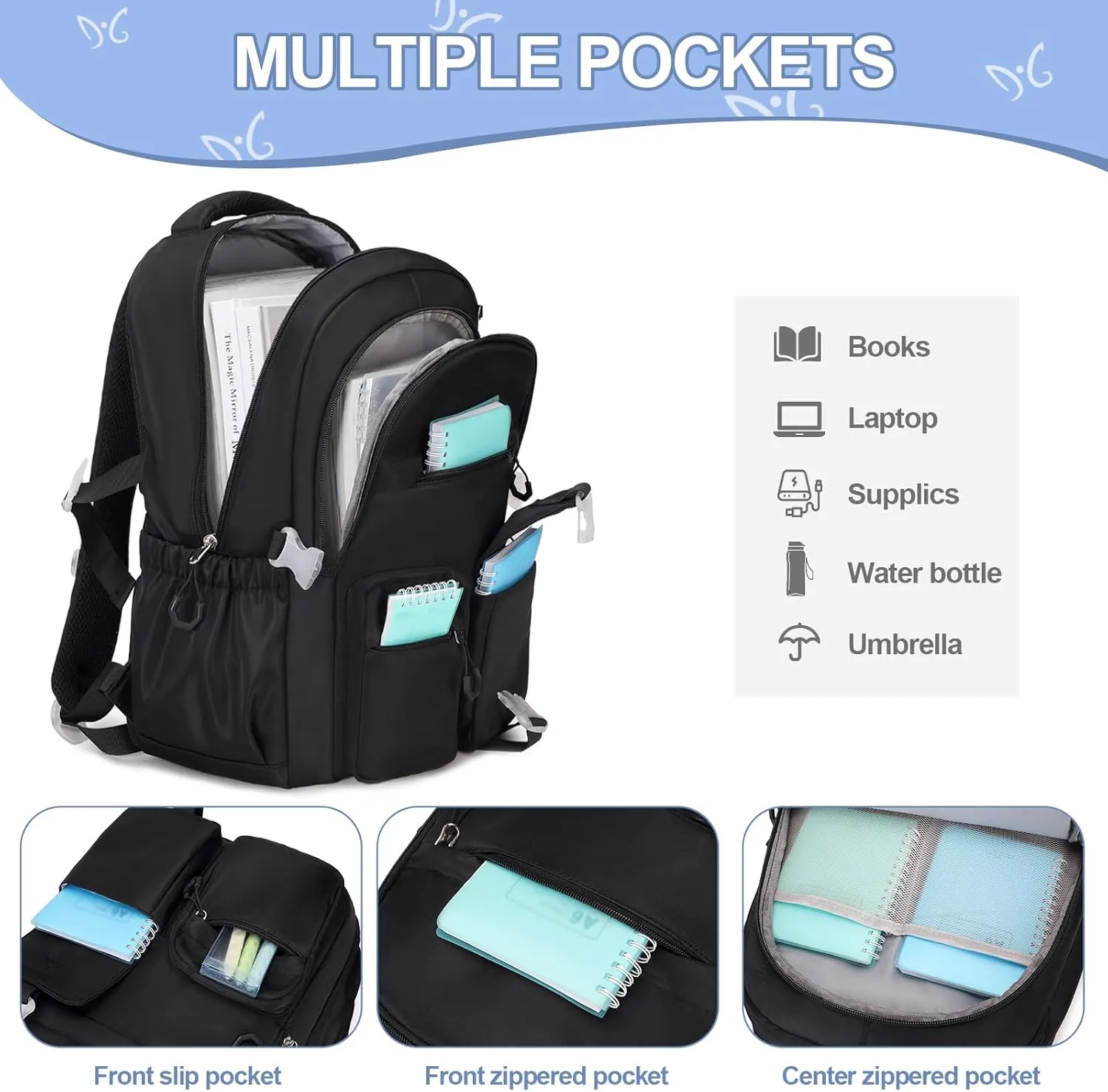 3PCS Girls Backpack for School, Kids Backpack for Girls with Lunch Bag Pencil Case, Kids Bookbag Teen Girl Backpacks for Elementary Middle High College School (Black)