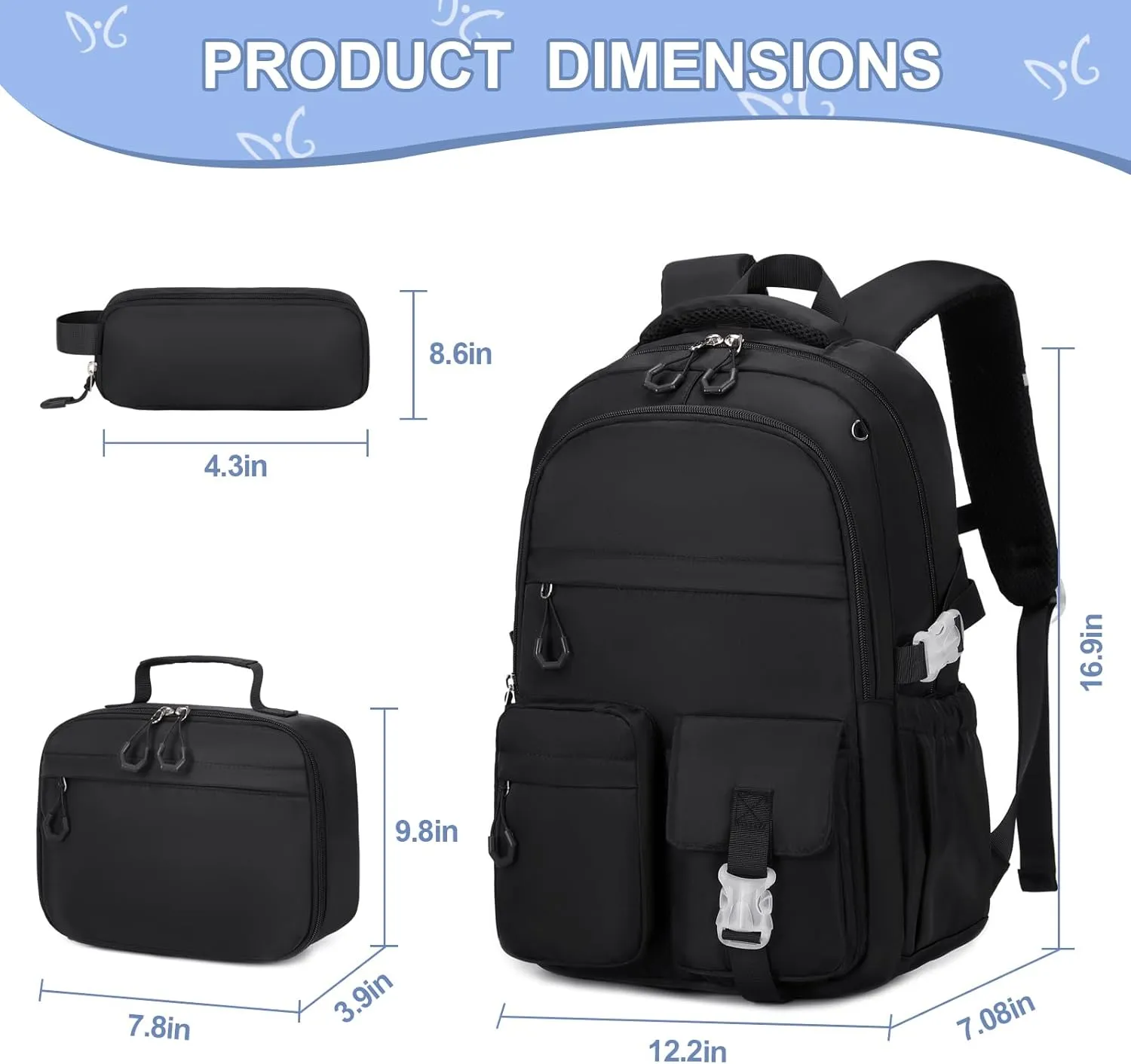 3PCS Girls Backpack for School, Kids Backpack for Girls with Lunch Bag Pencil Case, Kids Bookbag Teen Girl Backpacks for Elementary Middle High College School (Black)