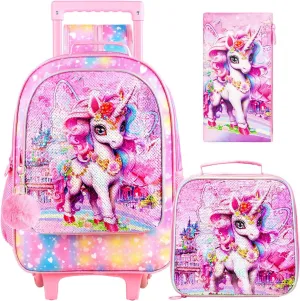 3PCS Girls Rolling Backpack, Kids Sequins Unicorn School Backpacks with Wheels, Water Resistant Roller Wheeled Bookbag Set with Lunch Box