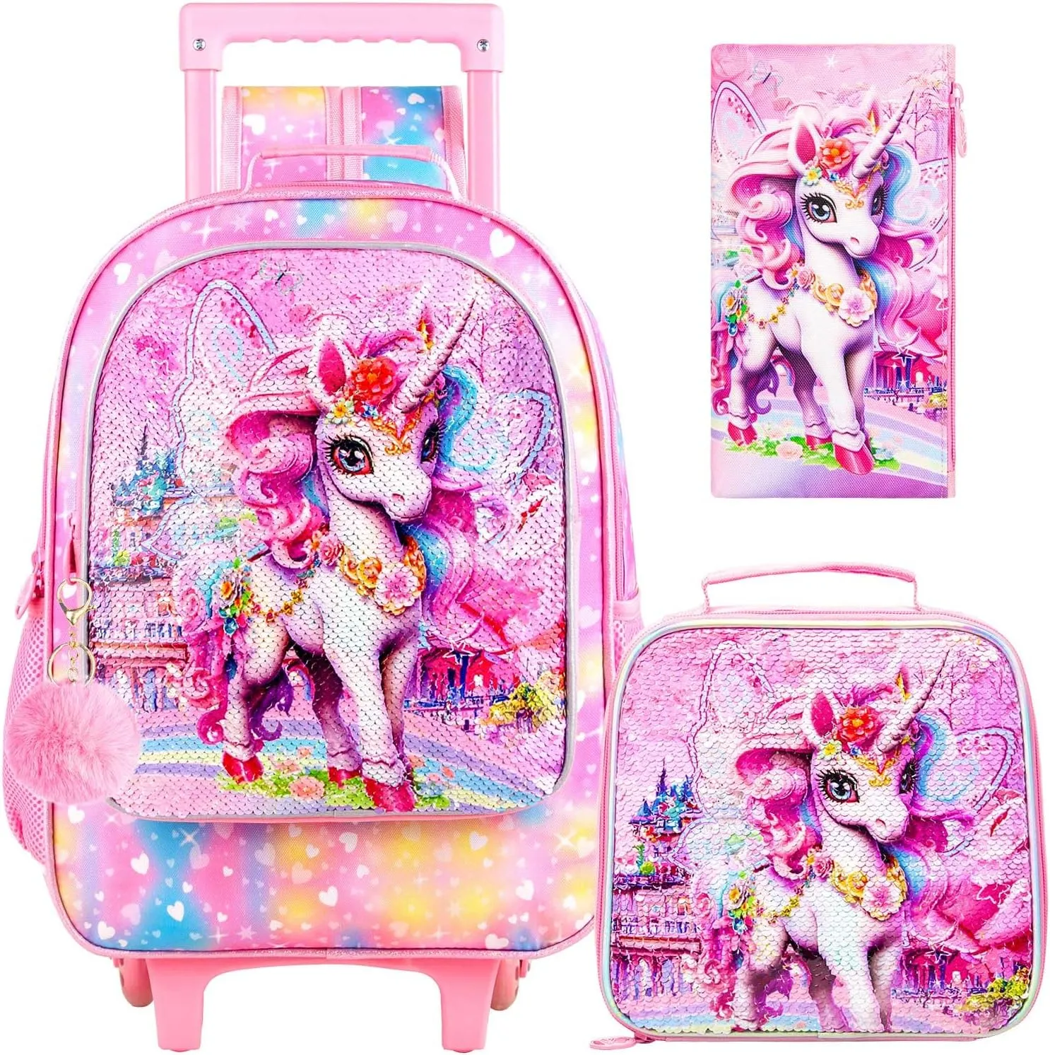 3PCS Girls Rolling Backpack, Kids Sequins Unicorn School Backpacks with Wheels, Water Resistant Roller Wheeled Bookbag Set with Lunch Box