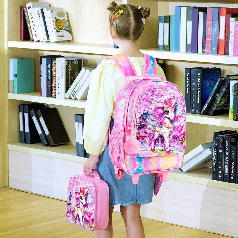 3PCS Girls Rolling Backpack, Kids Sequins Unicorn School Backpacks with Wheels, Water Resistant Roller Wheeled Bookbag Set with Lunch Box