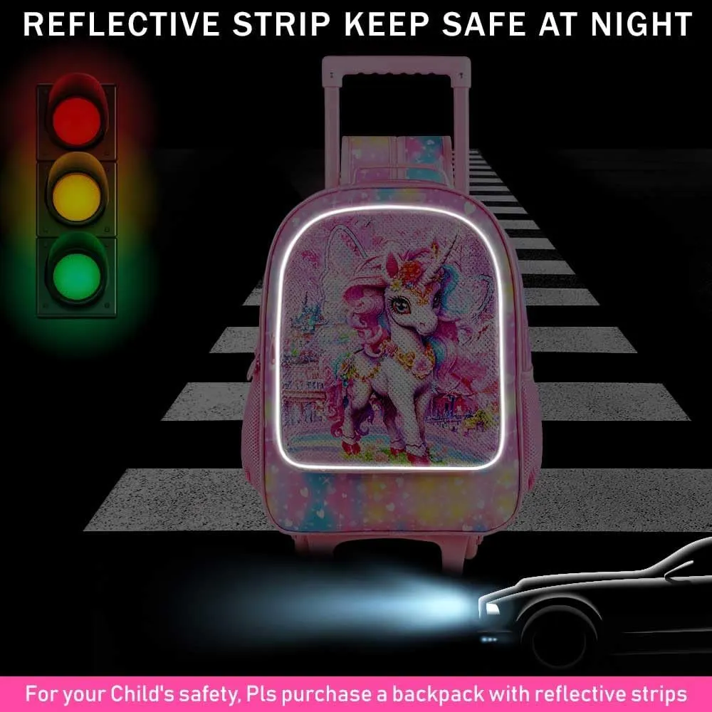 3PCS Girls Rolling Backpack, Kids Sequins Unicorn School Backpacks with Wheels, Water Resistant Roller Wheeled Bookbag Set with Lunch Box